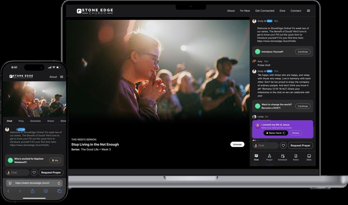 The Stone Edge Church online watch experience shown on a laptop and phone — live sermon, chat, and prayer