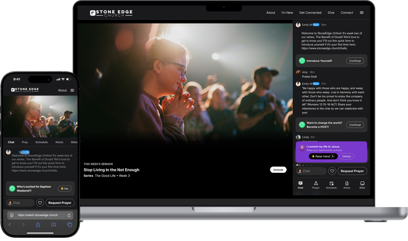 The Stone Edge Church online watch experience shown on a laptop and phone — live sermon, chat, and prayer